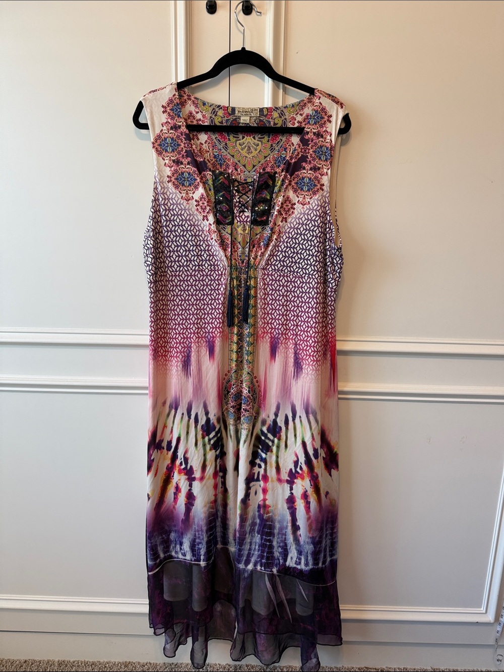 ONE WORLD Sleeveless Tie-Dye Maxi Dress in Pink, Purple & Cream